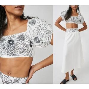 NWT Free People Lotus Set Embroidered Crop Top Maxi Skirt White & Black Size L